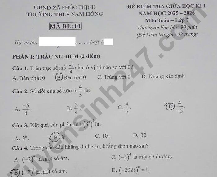Đề thi giữa kì 1 năm 2025 THCS Nam Hồng - Toán lớp 7