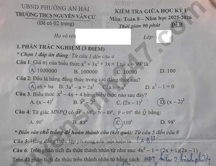 Đề thi giữa kì 1 lớp 8 môn Toán 2025 - THCS Nguyễn Văn Cừ