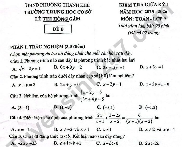 Đề thi giữa kì 1 Toán 9 THCS Lê Thị Hồng Gấm năm 2025