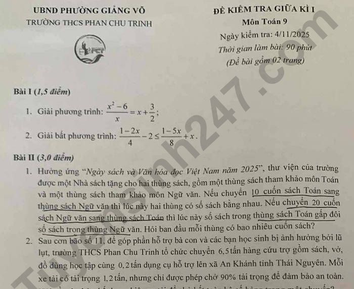Đề kiểm tra giữa kì 1 lớp 9 môn Toán 2025 - THCS Phan Chu Trinh