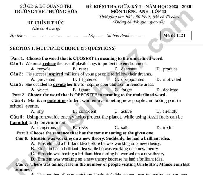 Đề thi giữa kì 1 năm 2025 THPT Hướng Hóa - lớp 12 môn Anh (có đáp án)