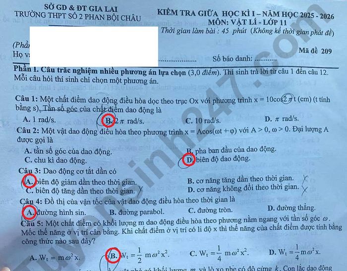 Đề thi giữa kì 1 lớp 11 môn Lý - THPT số 2 Phan Bội Châu 2025