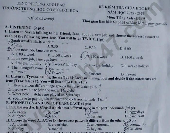 Đề thi giữa kì 1 năm 2025 THCS Suối Hoa - môn Anh lớp 9