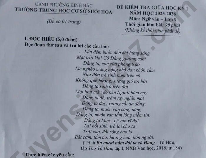 Đề thi giữa kì 1 lớp 9 môn Văn 2025 - THCS Suối Hoa