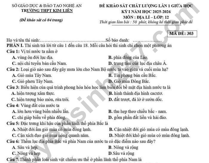 Đề thi giữa kì 1 năm 2025 THPT Kim Liên - Địa lớp 12