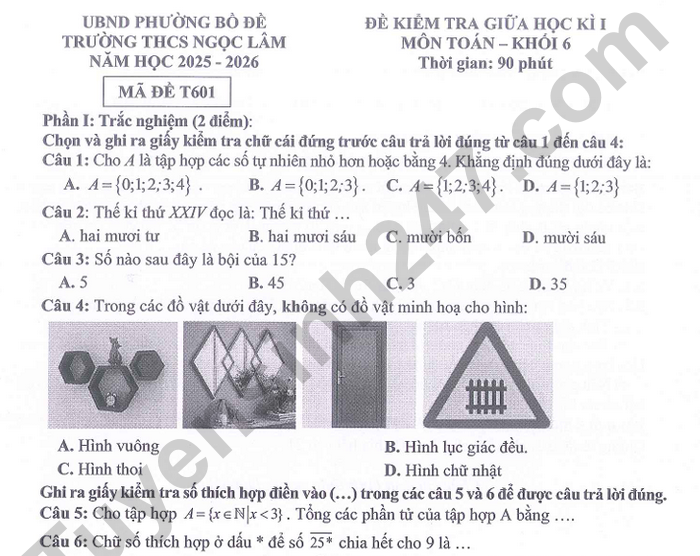 Đề thi giữa HK1 năm 2025 THCS Ngọc Lâm - lớp 6 môn Toán