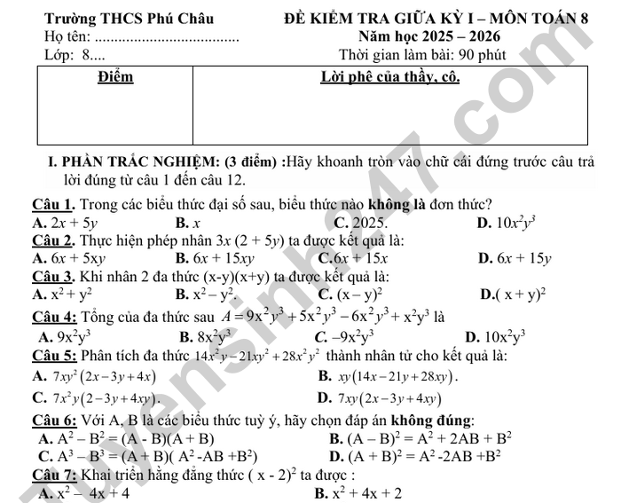 Đề thi giữa kì 1 năm 2025 THCS Phú Châu - lớp 8 môn Toán (có đáp án)