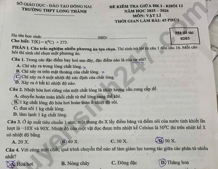 Đề thi giữa kì 1 môn Lý lớp 12 THPT Long Thành 2025