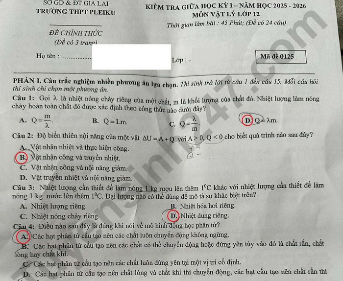Đề thi giữa học kì 1 môn Lý 12 THPT Pleiku 2025