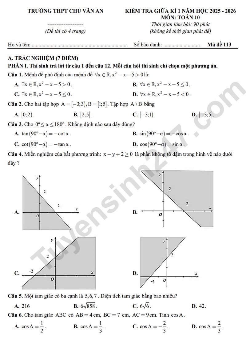 Đề thi giữa kì 1 lớp 10 môn Toán 2025 - THPT Chu Văn An