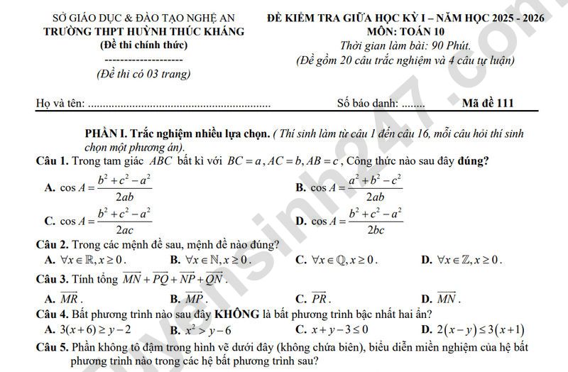 Đề thi giữa kì 1 lớp 10 môn Toán 2025 - THCS Huỳnh Thúc Kháng