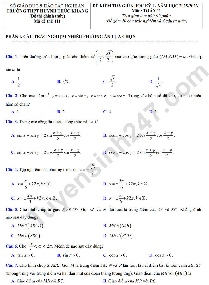 Đề thi giữa kì 1 lớp 11 môn Toán 2025 - THPT Huỳnh Thúc Kháng