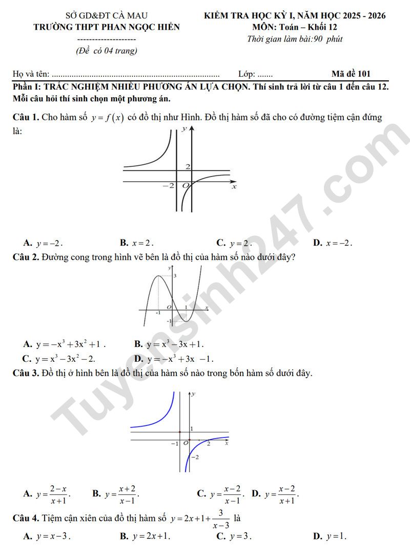 Đề thi giữa kì 1 lớp 12 môn Toán 2025 - THPT Phan Ngọc Hiển