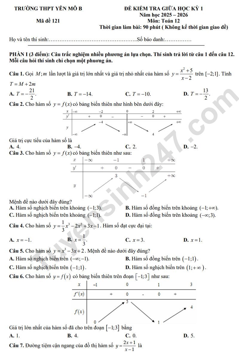Đề thi giữa kì 1 lớp 12 môn Toán 2025 - THPT Yên Mô