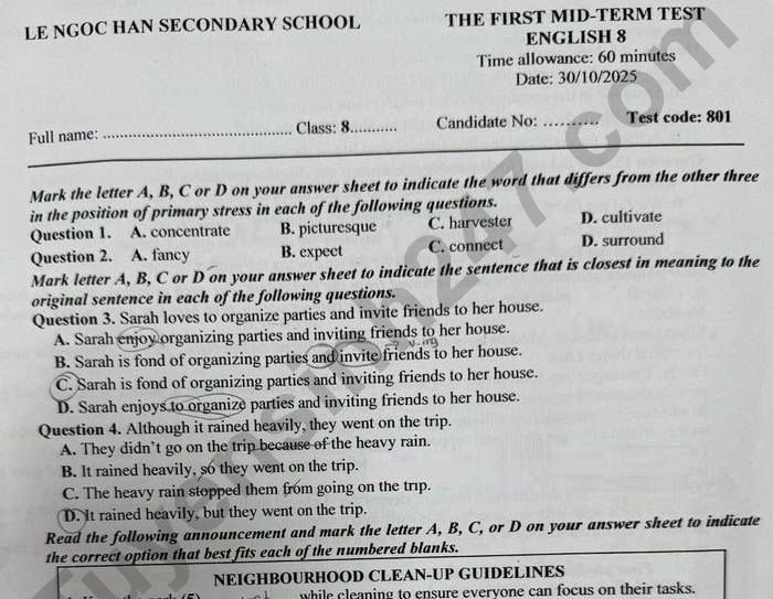 Đề thi giữa kì 1 Anh lớp 8 THCS Lê Ngọc Hân 2025