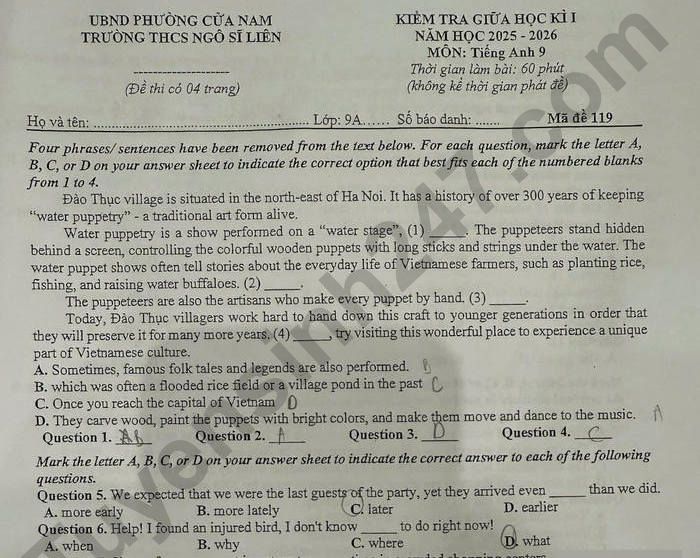 Đề thi giữa kì 1 năm 2025 THCS Ngô Sĩ Liên - lớp 9 môn Anh