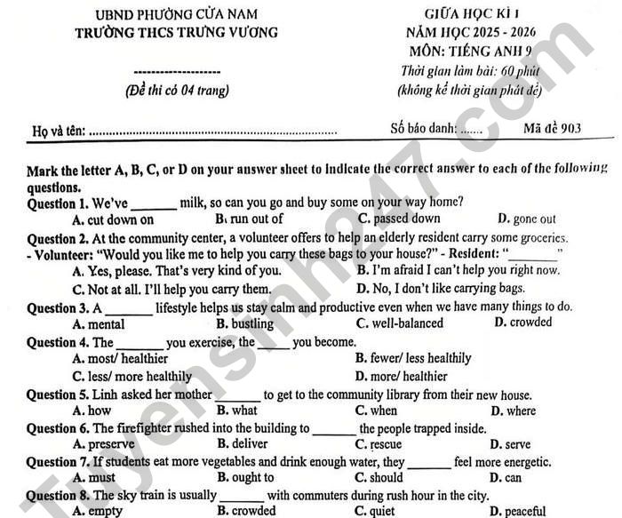 Đề thi giữa kì 1 môn Anh 9 THCS Trưng Vương 2025