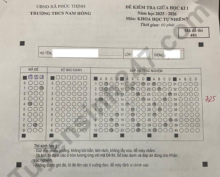 Đề thi giữa kì 1 lớp 7 môn KHTN 2025 - THCS Nam Hồng