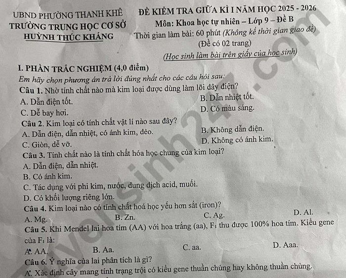 Đề thi giữa kì 1 môn Khoa học tự nhiên 9 - THCS Huỳnh Thúc Kháng 2025
