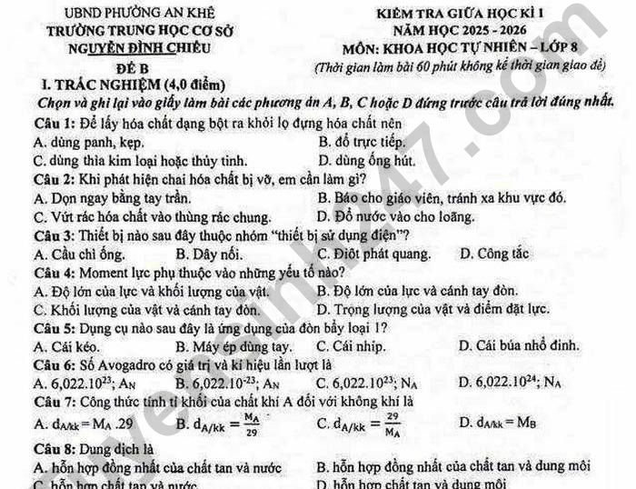 Đề thi giữa kì 1 lớp 8 môn KTHN 2025 - THCS Nguyễn Đình Chiểu