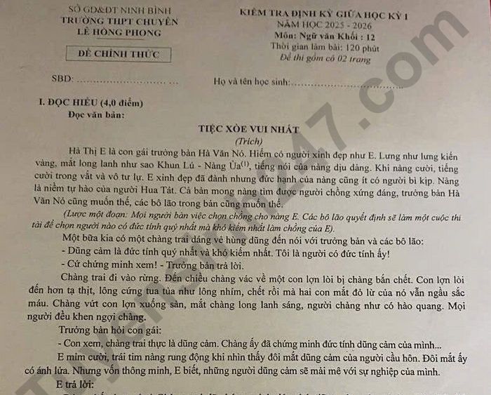 Đề thi giữa kì 1 lớp 12 môn Văn 2025 - THPT Chuyên Lê Hồng Phong