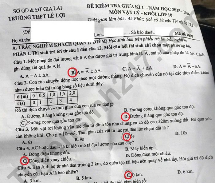 Đề thi giữa học kì 1 môn Lý 10 THPT Lê Lợi năm 2025