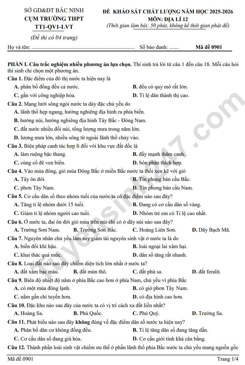 Đề thi thử tốt nghiệp THPT 2026 môn Địa - Cụm trường Bắc Ninh (Có đáp án)