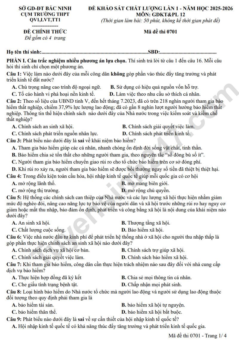 Đề thi thử tốt nghiệp THPT 2026 môn GDKT&PL - Cụm trường Bắc Ninh (Có đáp án)