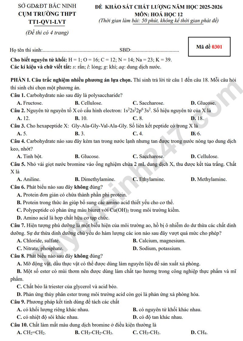 Đề thi thử tốt nghiệp THPT 2026 môn Hóa - Cụm trường Bắc Ninh (Có đáp án)
