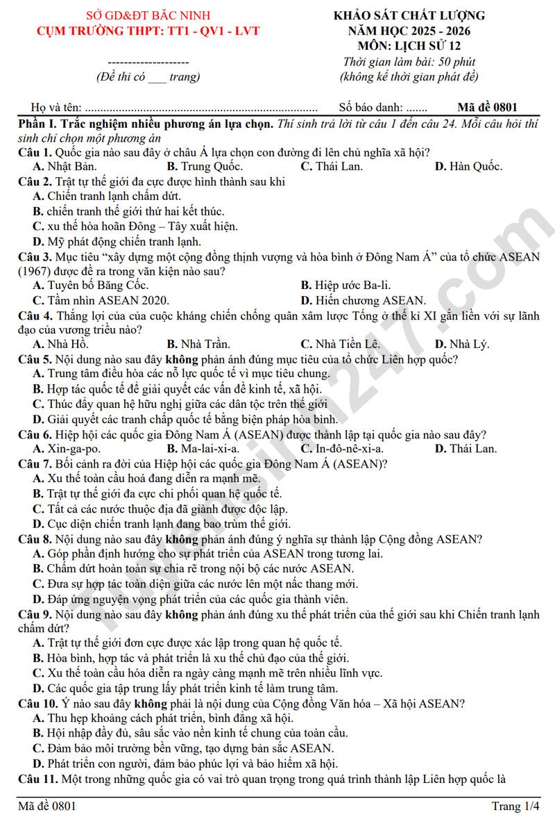 Đề thi thử tốt nghiệp THPT 2026 môn Sử - Cụm trường Bắc Ninh (Có đáp án)