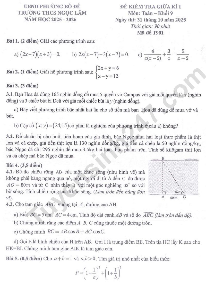 Đề thi giữa kì 1 lớp 9 môn Toán 2025 - THCS Ngọc Lâm