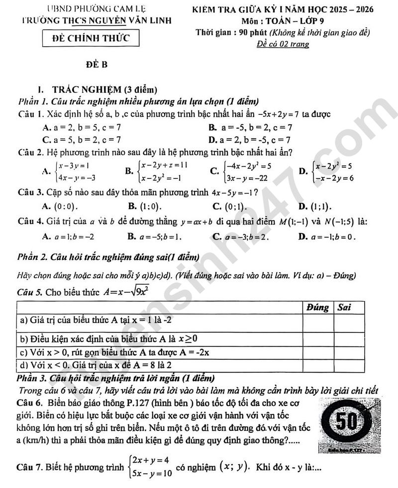 Đề thi giữa kì 1 năm 2025 THCS Nguyễn Văn Linh - lớp 9 môn Toán