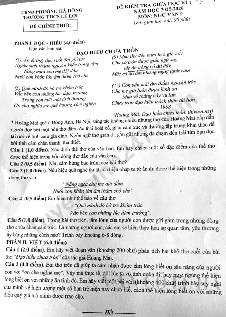 Đề thi giữa kì 1 môn Văn lớp 9 năm 2025 - THCS Lê Lợi