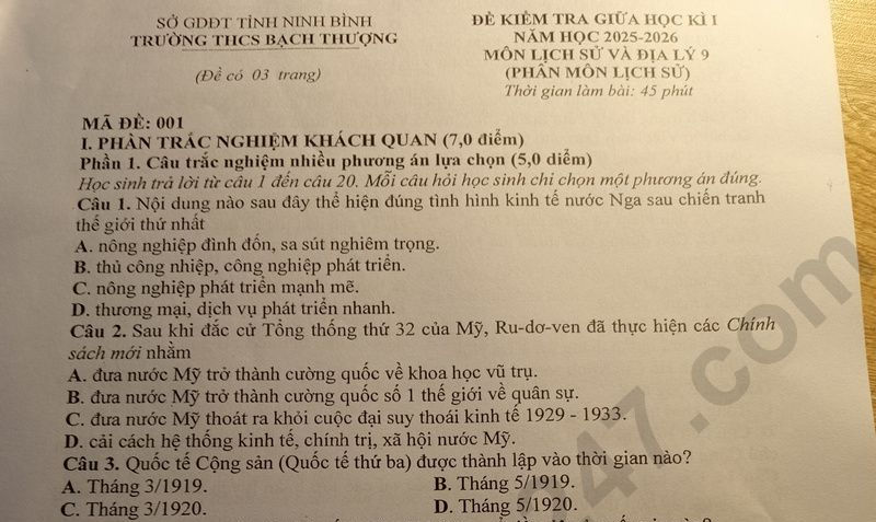 Đề thi giữa kì 1 lớp 9 môn Lịch sử và Địa Lý 2025 - THCS Bạch Thượng