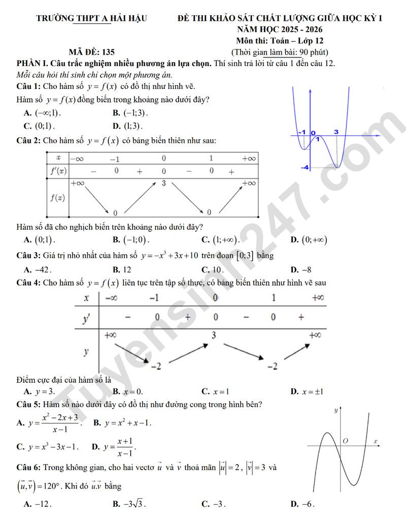 Đề thi giữa kì 1 lớp 12 môn Toán 2025 - THPT A Hải Hậu