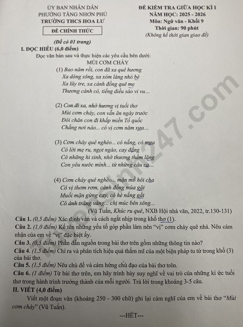 Đề thi giữa kì 1 lớp 9 môn Văn 2025 - THCS Hoa Lư