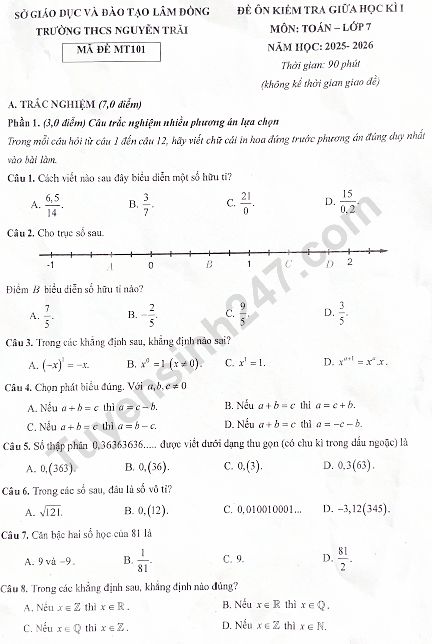 Đề thi giữa kì 1 môn Toán lớp 7 năm 2025 - THCS Nguyễn Trãi