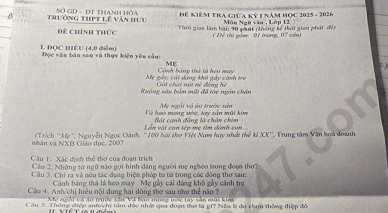 Đề thi giữa kì 1 lớp 12 môn Văn 2025 - THPT Lê Văn Hưu