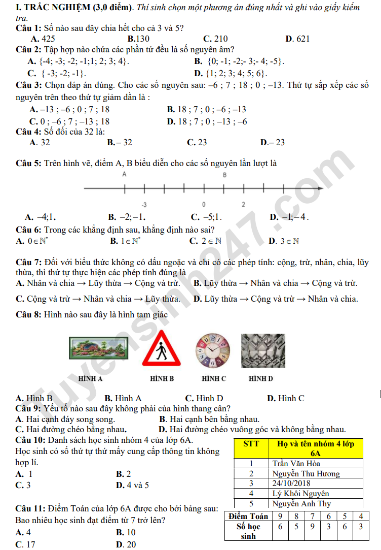Đề thi HK1 lớp 6 môn Toán 2025 - THCS Lê Quang Cường (Tham khảo)
