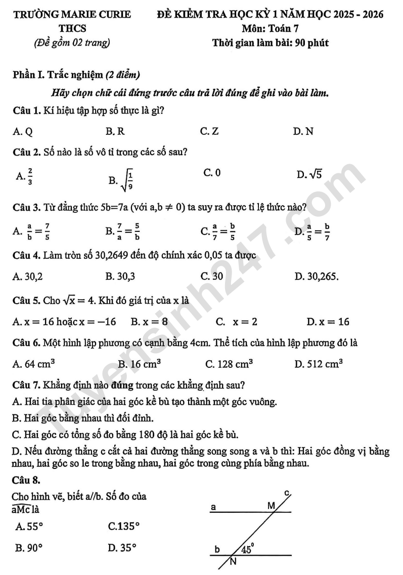 Đề thi kì 1 lớp 7 môn Toán 2025 - Trường Marie Curie