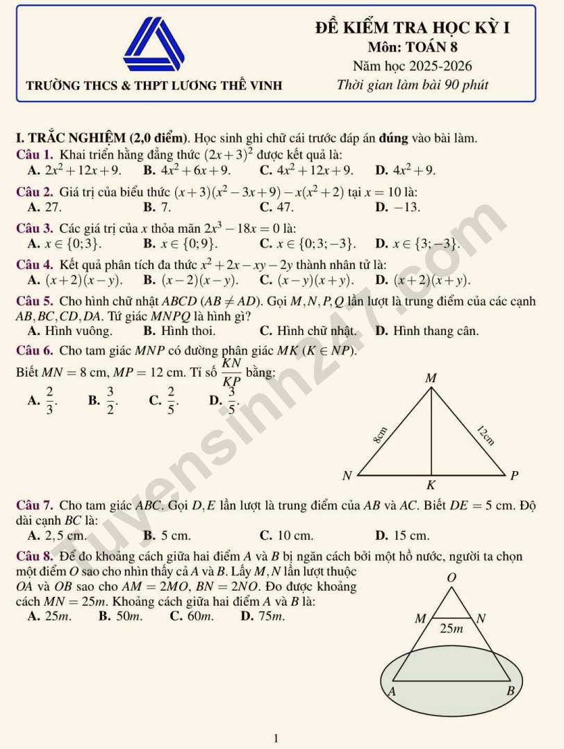 Đề thi kì 1 môn Toán lớp 8 2025 - THCS & THPT Lương Thế Vinh (Có đáp án)