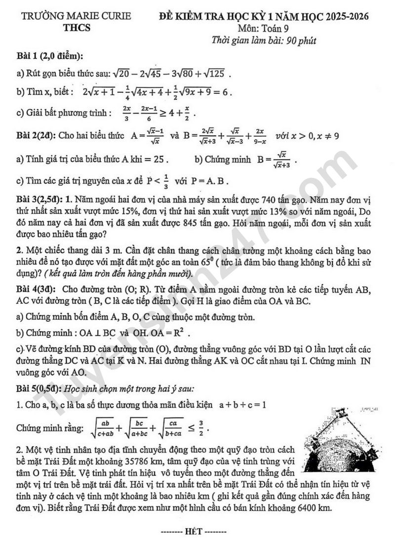 Đề thi học kì 1 lớp 9 môn Toán 2025 - THCS Marie Curie