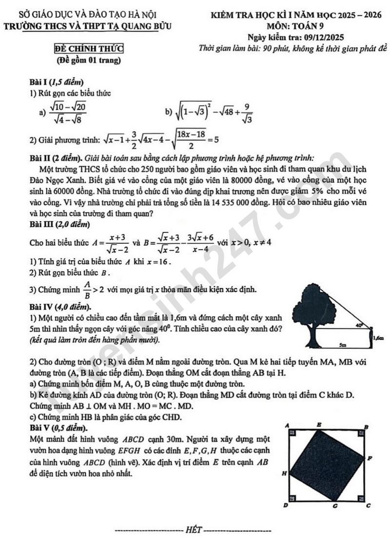 Đề thi kì 1 môn Toán lớp 9 năm 2025 - THCS THPT Tạ Quang Bửu