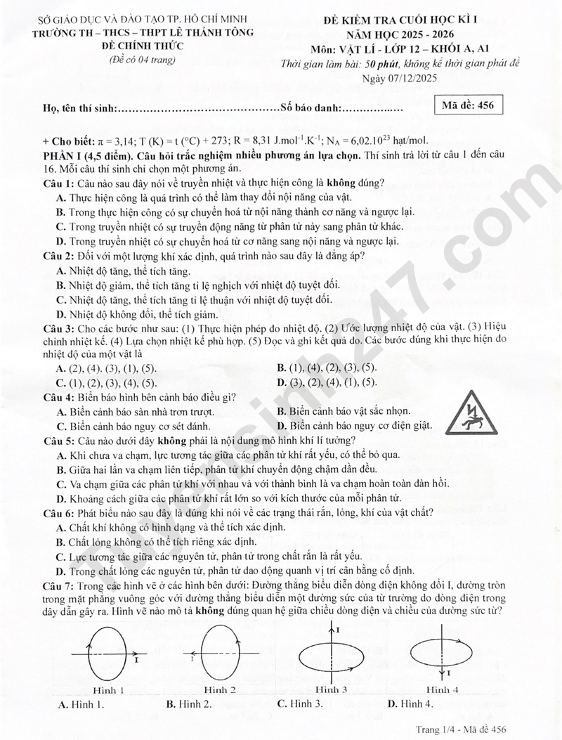 Đề thi học kì 1 lớp 12 năm 2025 môn Lí - TH - THCS - THPT Lê Thánh Tông