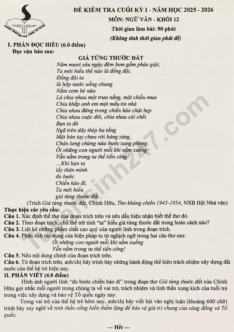 Đề thi học kì 1 lớp 12 môn Văn 2025 - THPT Võ Thị Sáu