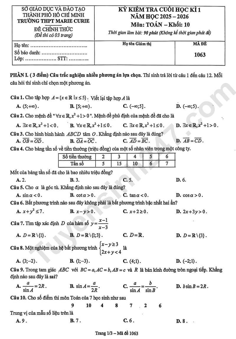 Đề thi học kì 1 môn Toán lớp 10 năm 2025 - THPT Marie Curie