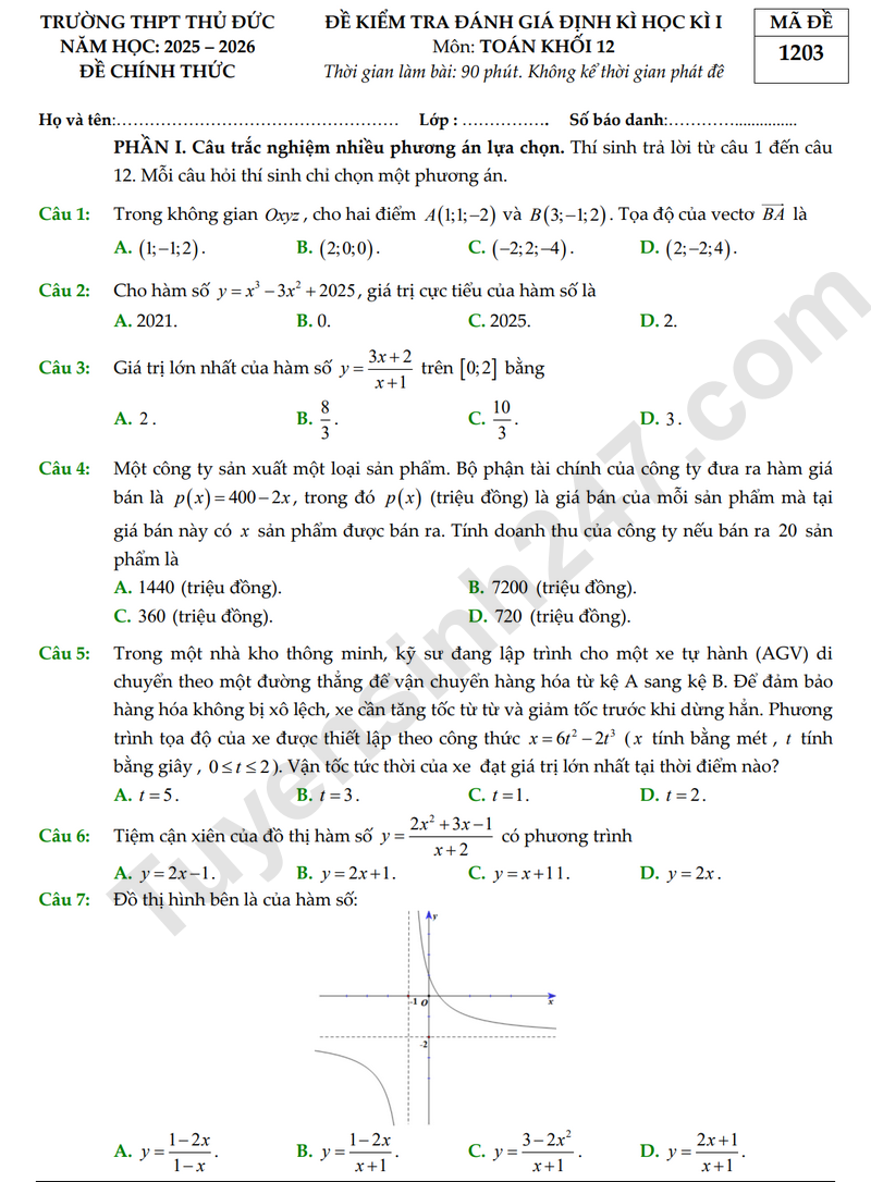 Đề thi học kì 1 môn Toán lớp 12 năm 2025 - THPT Thủ Đức