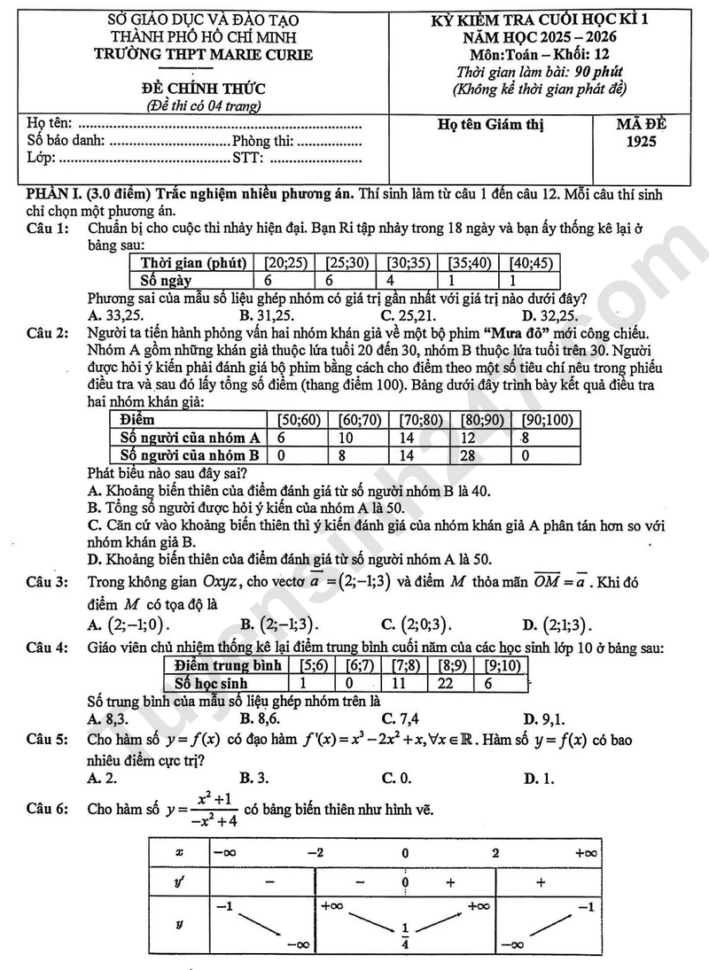 Đề thi học kì 1 môn Toán lớp 12 năm 2025 - THPT Marie Curie