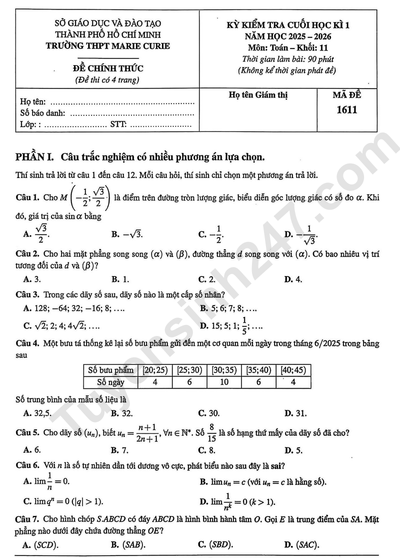 Đề thi học kì 1 môn Toán lớp 11 năm 2025 - THPT Marie Curie