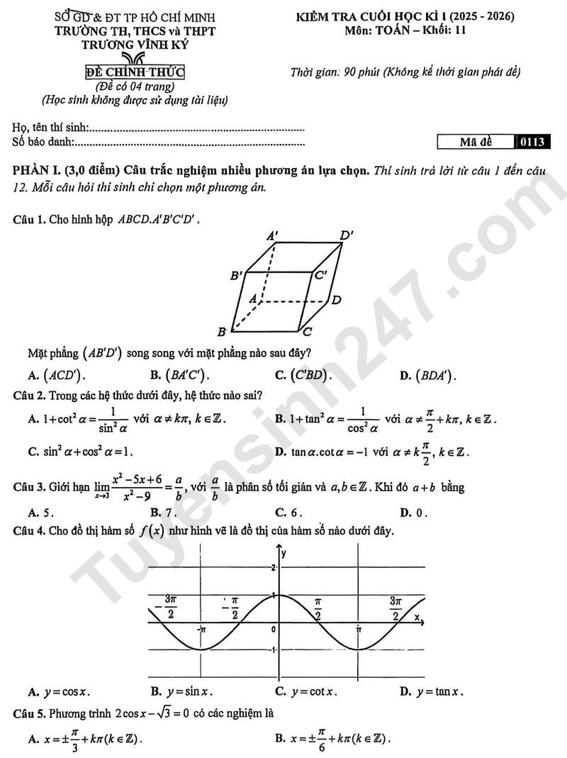 Đề thi học kì 1 môn Toán lớp 11 năm 2025 - TH, THCS và THPT Trương Vĩnh Ký